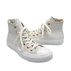 Converse Women's Chuck Taylor White Leather Gold Detail High Top Street Sneakers